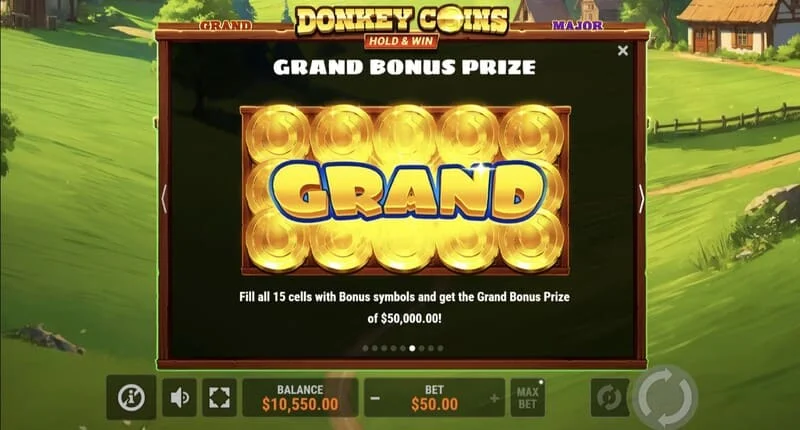 Donkey Coins Hold & Win – Bildschirm mit den Jackpots Mini, Minor, Major, Grand